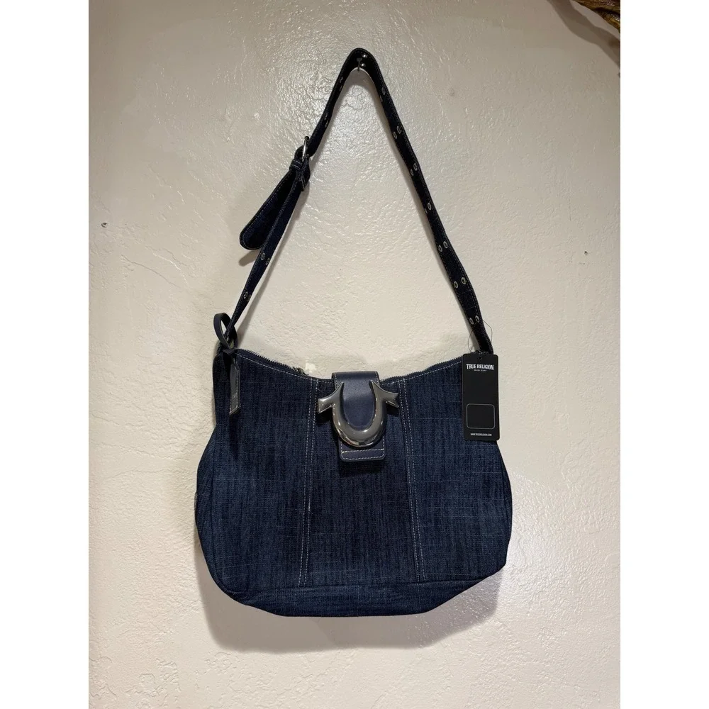 True Religion‎ Denim Hobo Shoulder Bag Dark Indigo Horseshoe Logo Buckle NWT
